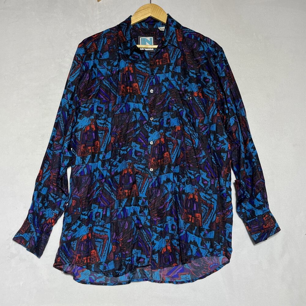 Vintage In Private Mens Long Sleeve Shirt M Silk Blue Abstract Button Up 80s 90s